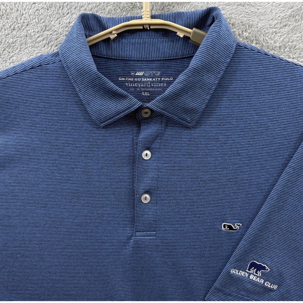 Vineyard Vines OTG Sankaty Polo Mens XXL Blue Stripe Golden Bear Club Golf Shirt